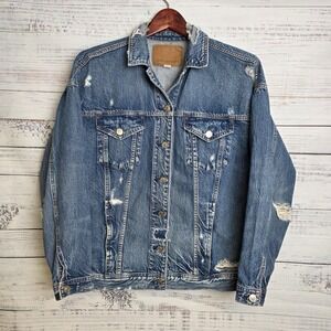 American Eagle Distressed Destroyed Denim Jean Jacket Womens Size XS 100% Cotton